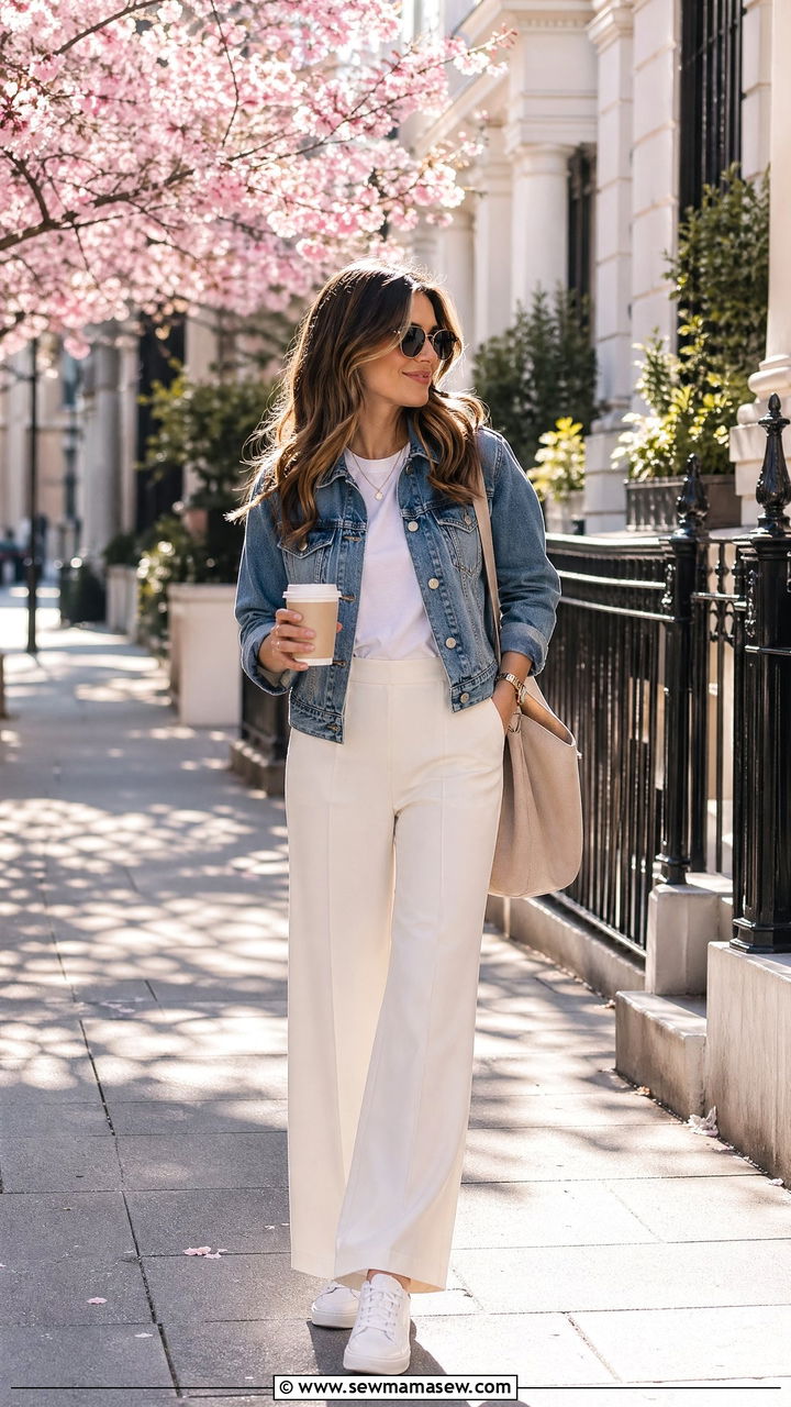 Denim Jacket with Wide Leg Pants Outfit - 35 Spring mom outfit ideas