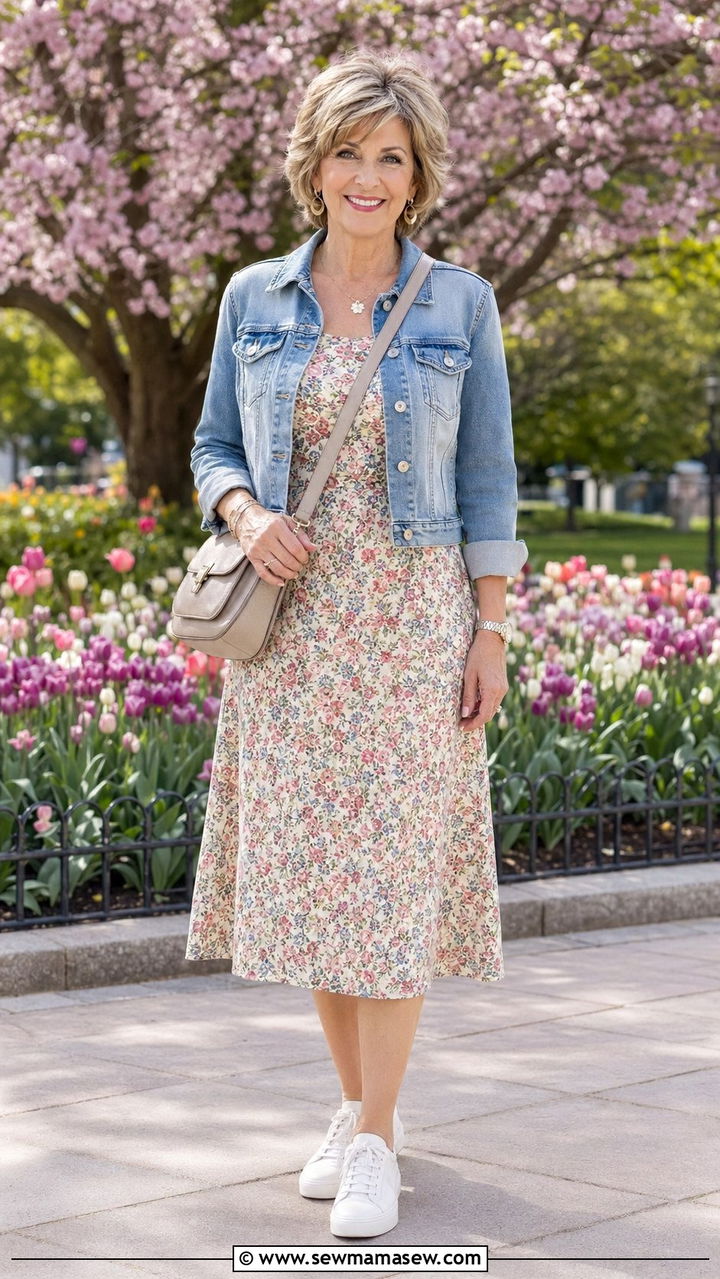 Denim Jacket with a Floral Midi Dress - 35 Petite outfit ideas for women over 50