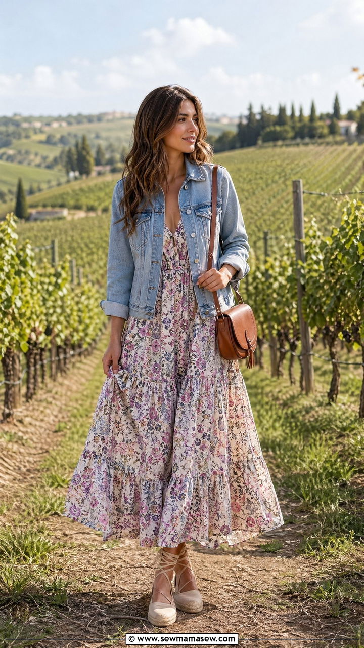 Denim Jacket with a Tiered Maxi Dress and Espadrilles - 40 spring travel outfit ideas
