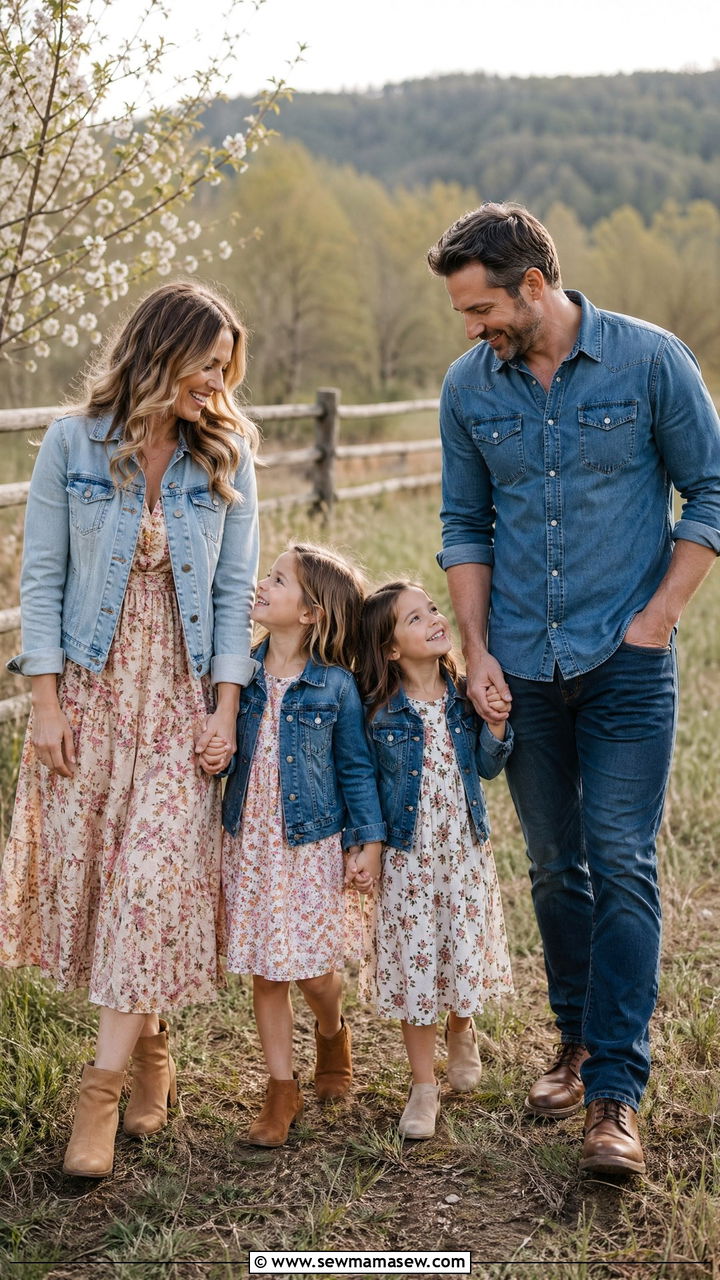 Denim Jackets with Floral Dress Family Outfits - 35 spring family photo outfit ideas