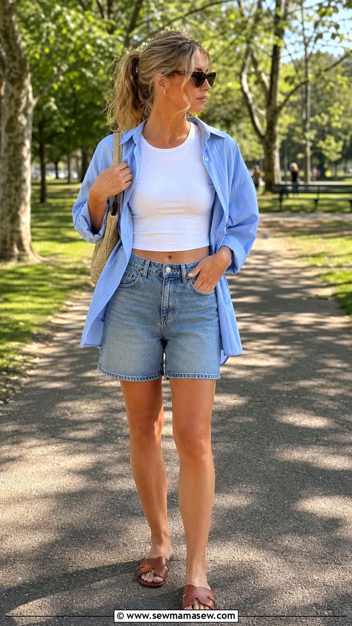 Denim Jorts With A Baby Tee And An Oversized Button Down Shirt - 30 90s spring outfits