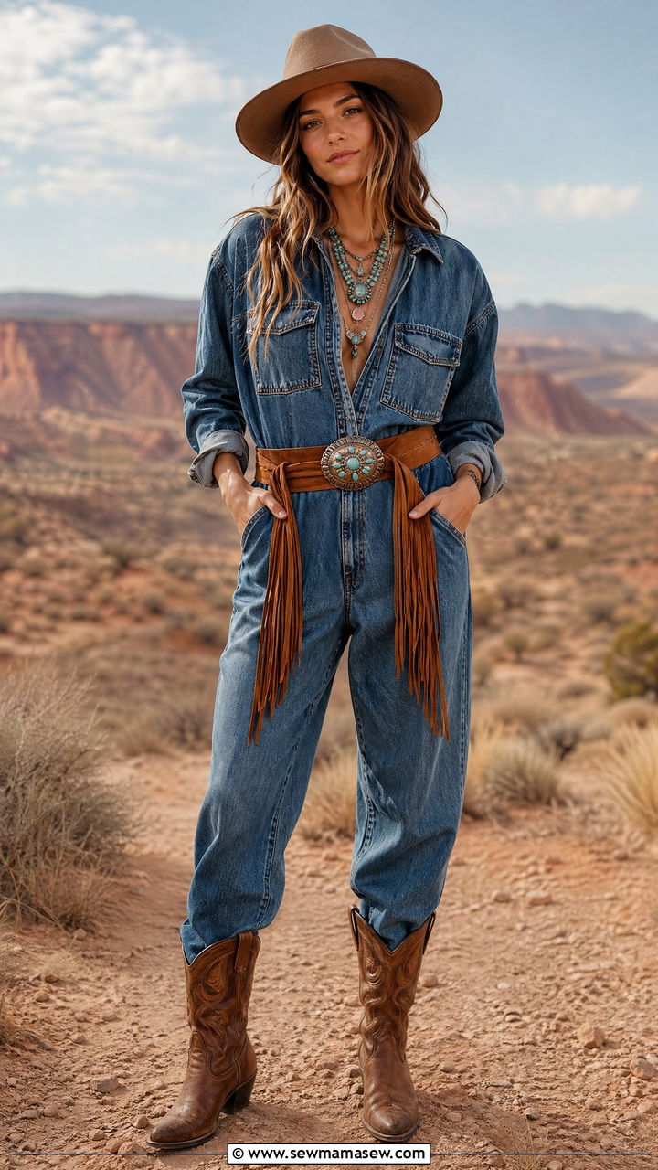 Denim Jumpsuit With Fringe Belt And Boots - 35 Western boho outfit ideas