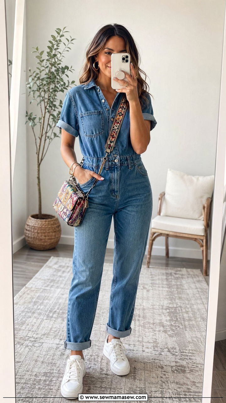 Denim Jumpsuit With Sneakers and Crossbody Bag - 35 concert outfit ideas for women
