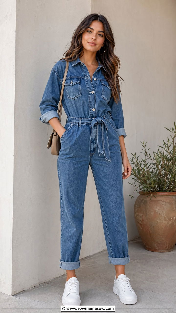 Denim Jumpsuit With Sneakers - 35 casual outfits for women