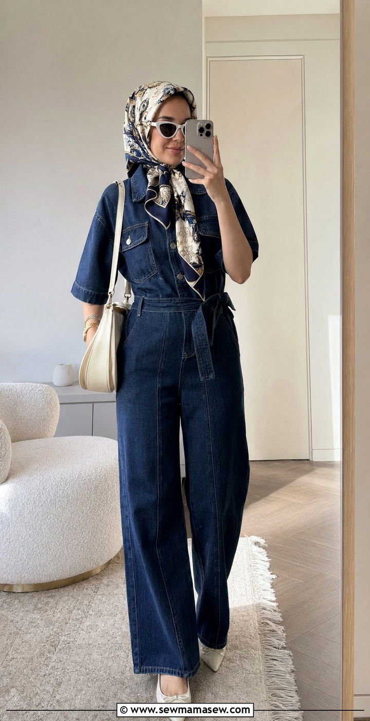 Denim Jumpsuit with Headscarf - 35 modest classy outfits