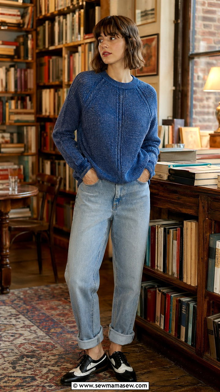 Denim Knit Sweater With Denim Cuffed Jeans - 40 All denim blue outfit ideas