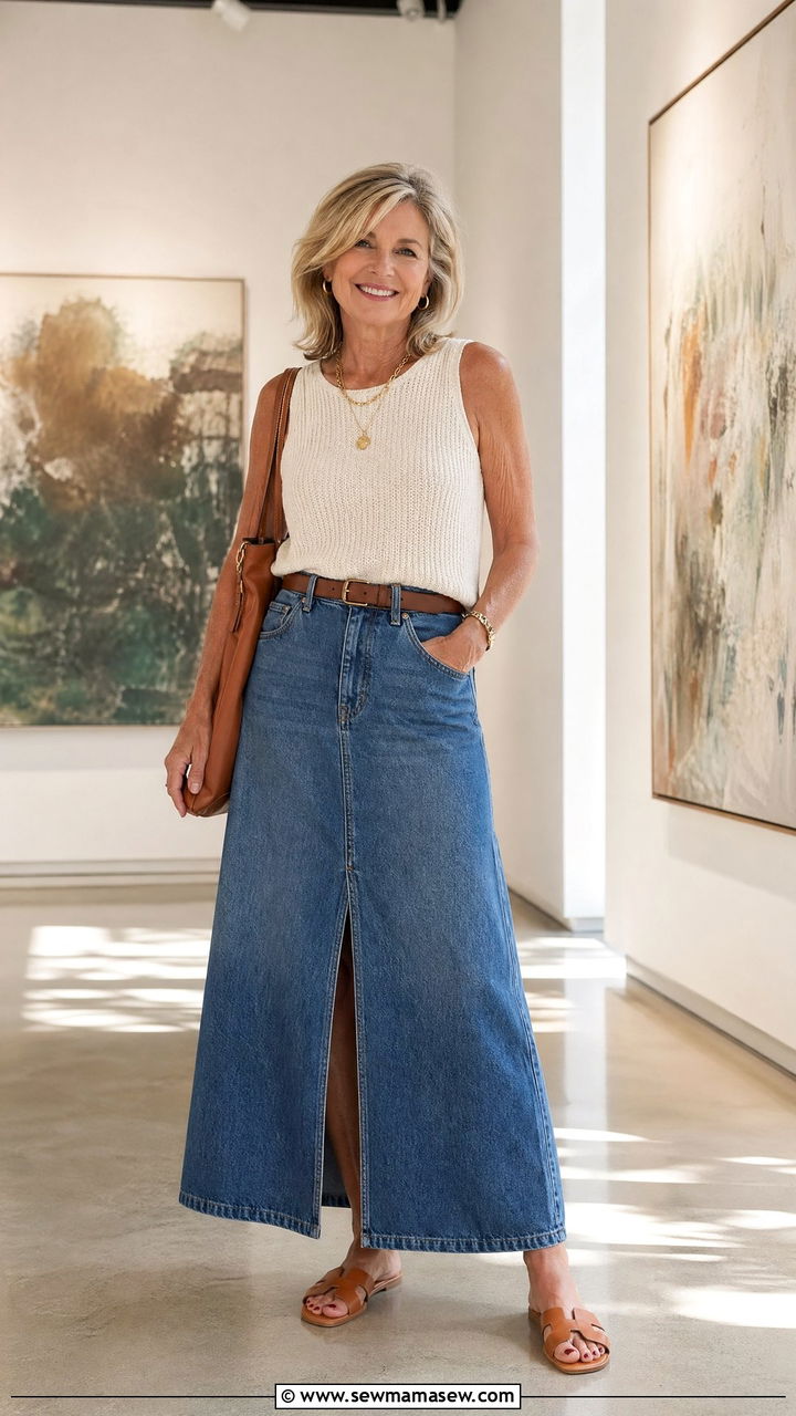 Denim Maxi Skirt With A Knit Shell Outfit For Women Over 50 - 35 Casual outfits for women over 50