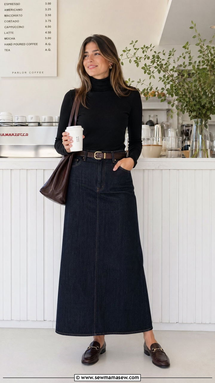 Denim Maxi Skirt With A Turtleneck - 35 Cute work outfits for women