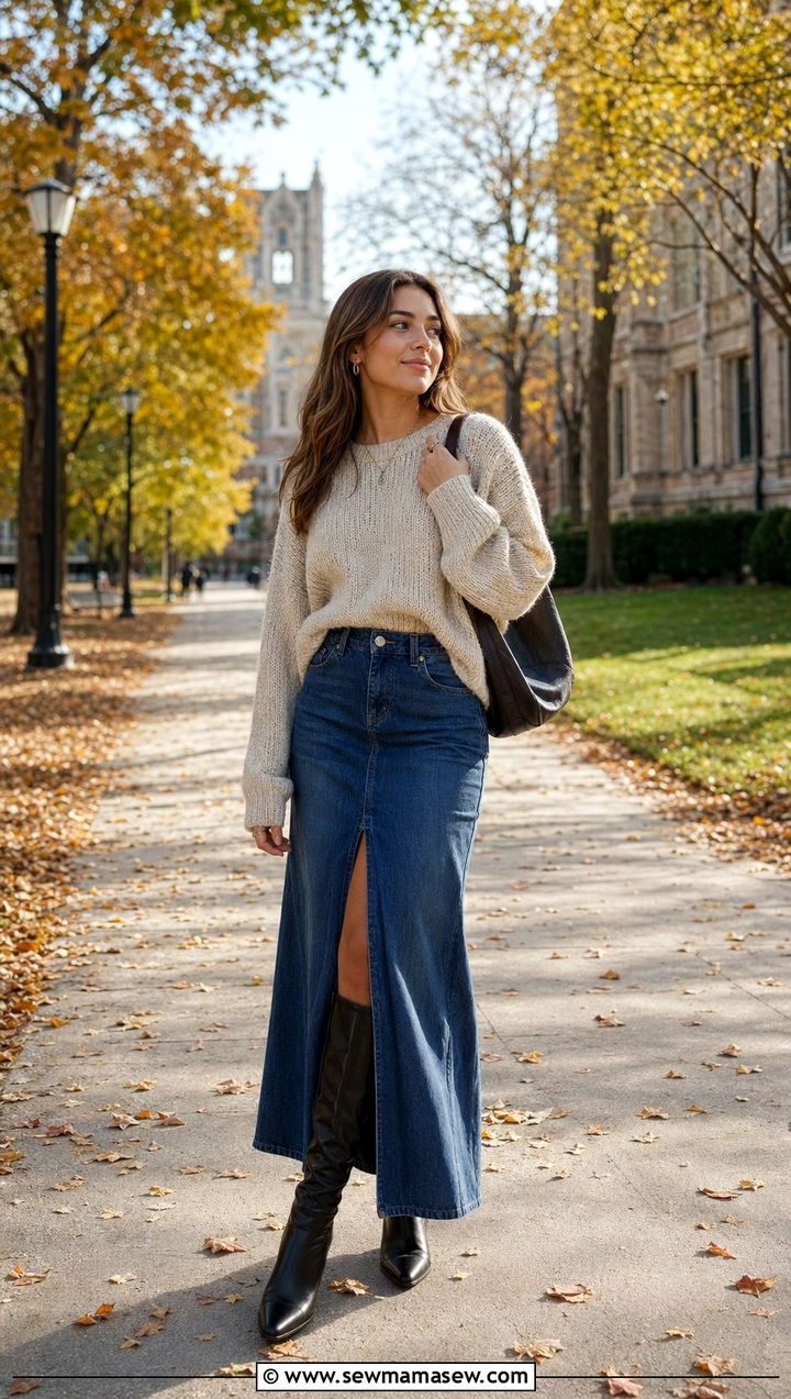 Denim Maxi Skirt and Chunky Sweater - 30 Back to school outfit ideas college sophomore