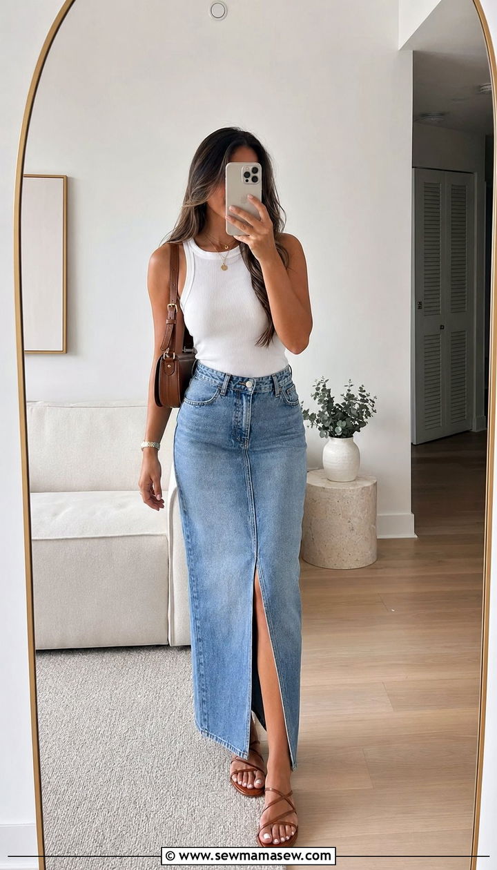 Denim Maxi Skirt and Fitted Tank - 30 Aesthetic spring outfits