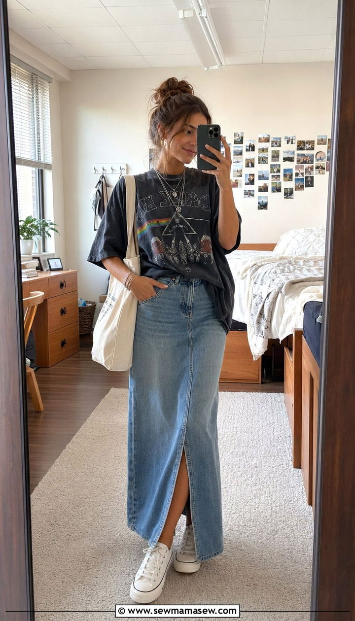 Denim Maxi Skirt and Graphic Tee Outfit - 30 Back to school outfit ideas aesthetic 2026