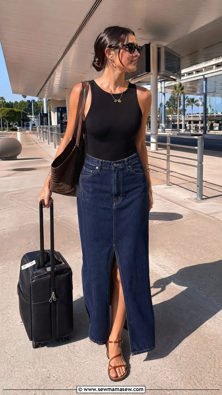 Denim Maxi Skirt with Bodysuit and Sandals - 35 Summer outfits with skirts