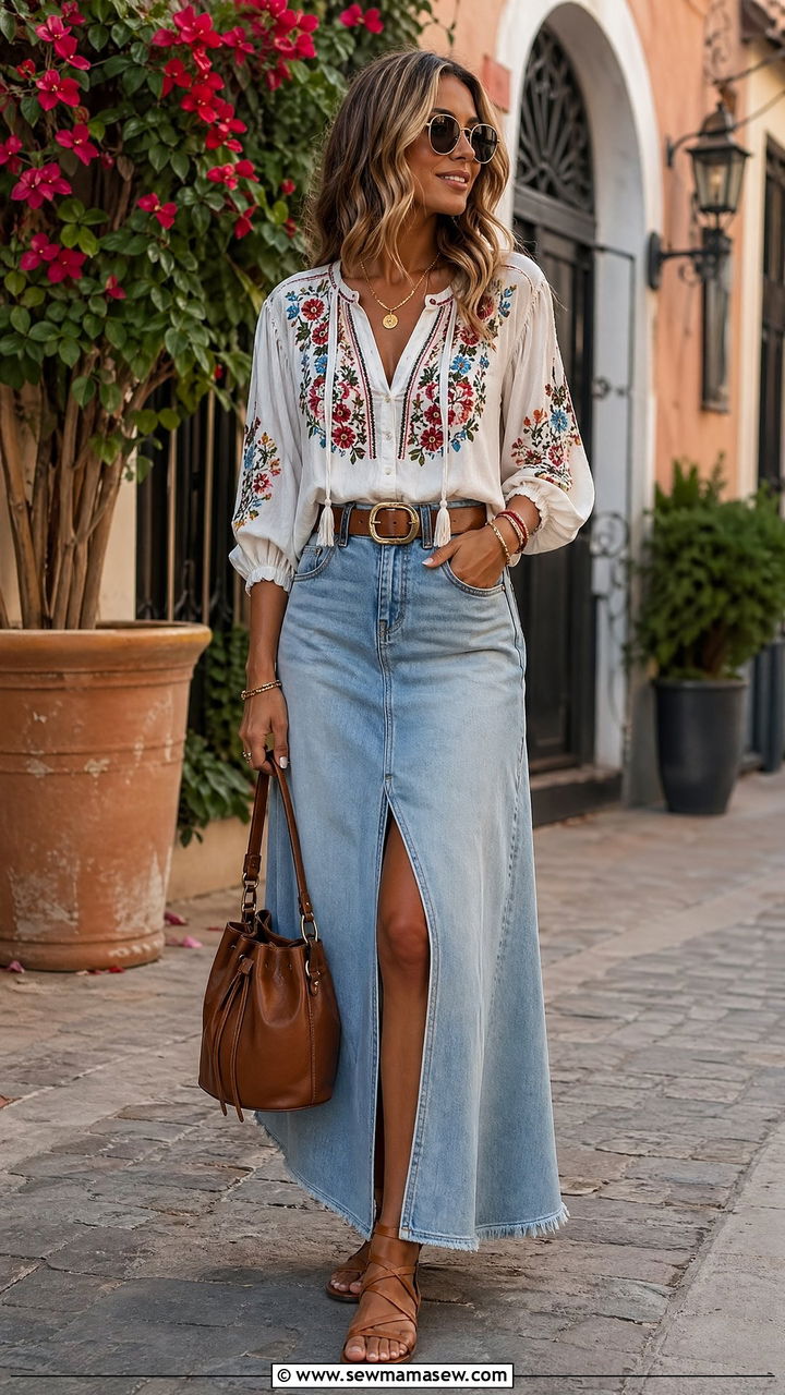 Denim Maxi Skirt with Embroidered Top - 35 spring boho chic outfits