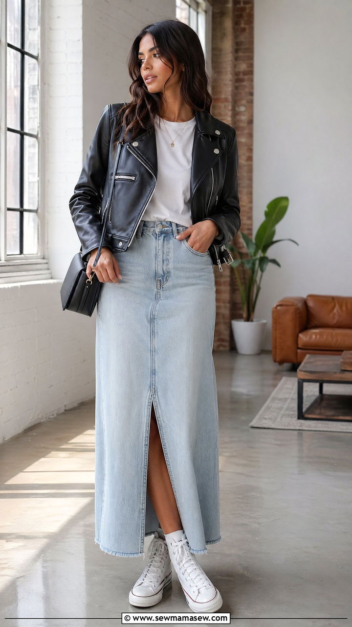 Denim Maxi Skirt with Leather Moto Jacket Outfit - 35 Spring denim outfits