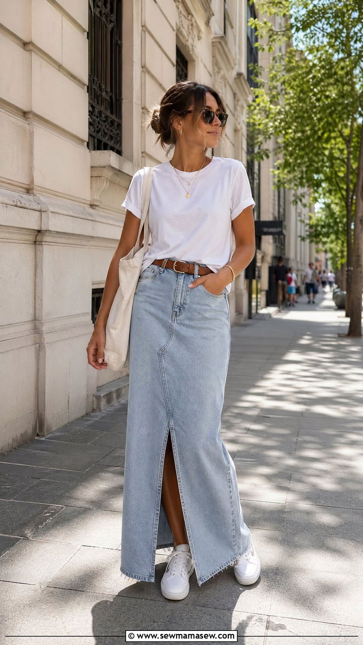 Denim Maxi Skirt with a White Tee and White Sneakers - 35 summer clean girl outfit ideas