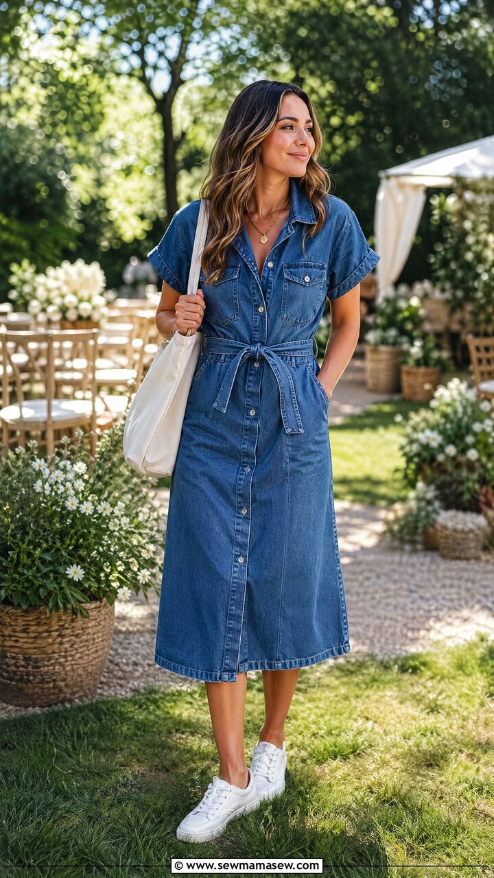 Denim Midi Dress with White Sneakers - 35 Spring garden party outfit ideas