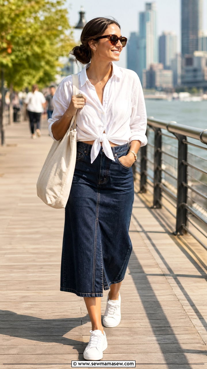 Denim Midi Skirt With A Crisp White Button Down And Sneakers - 35 classy elegant outfits
