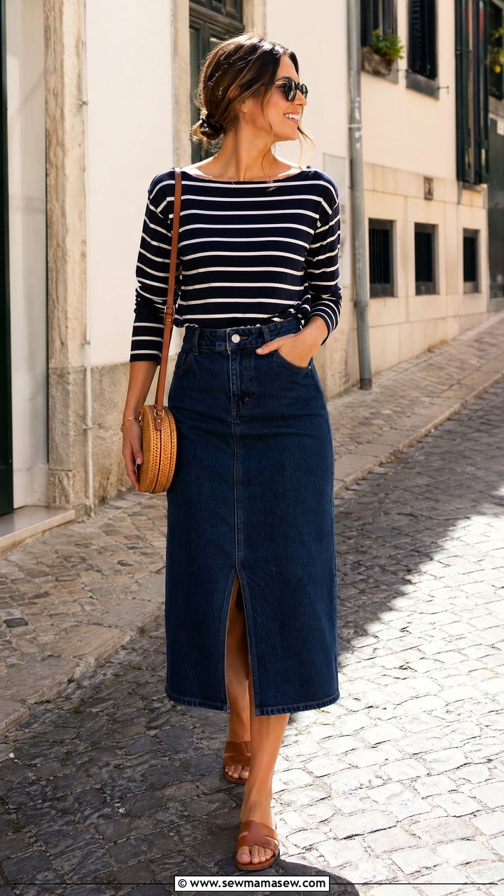 Denim Midi Skirt With A Striped Boatneck Top - 35 Classy spring outfit ideas 2026