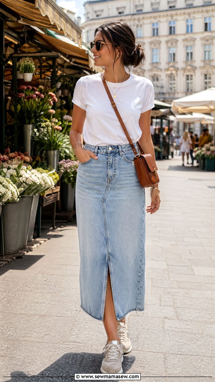 Denim Midi Skirt With Basic White Tee And Neutral Sneakers - 35 Vienna outfit ideas