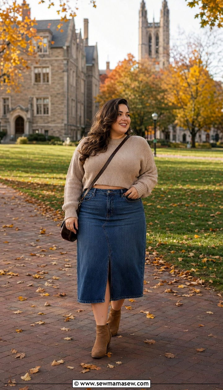 Denim Midi Skirt With Cropped Sweater And Ankle Boots - 30 Back to school outfit ideas plus size college
