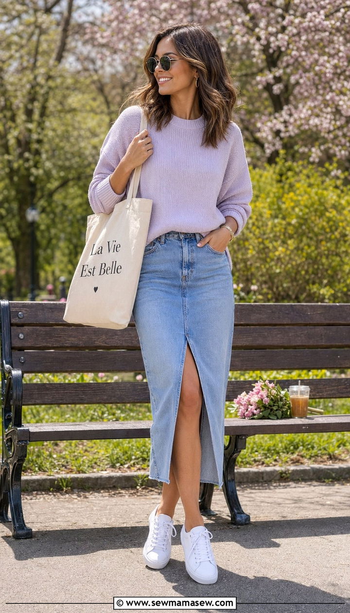 Denim Midi Skirt With Lightweight Sweater - 30 What to wear to spring brunch