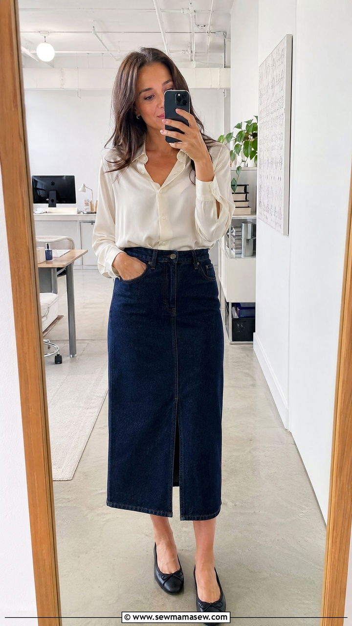 Denim Midi Skirt With Silk Blouse And Ballet Flats - 35 summer work outfit ideas