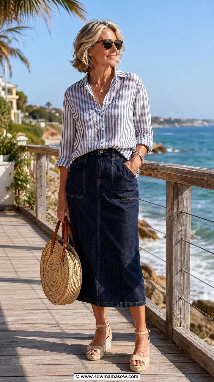 Denim Midi Skirt With Striped Linen Button Down And Espadrilles - 35 Summer outfits for women over 50