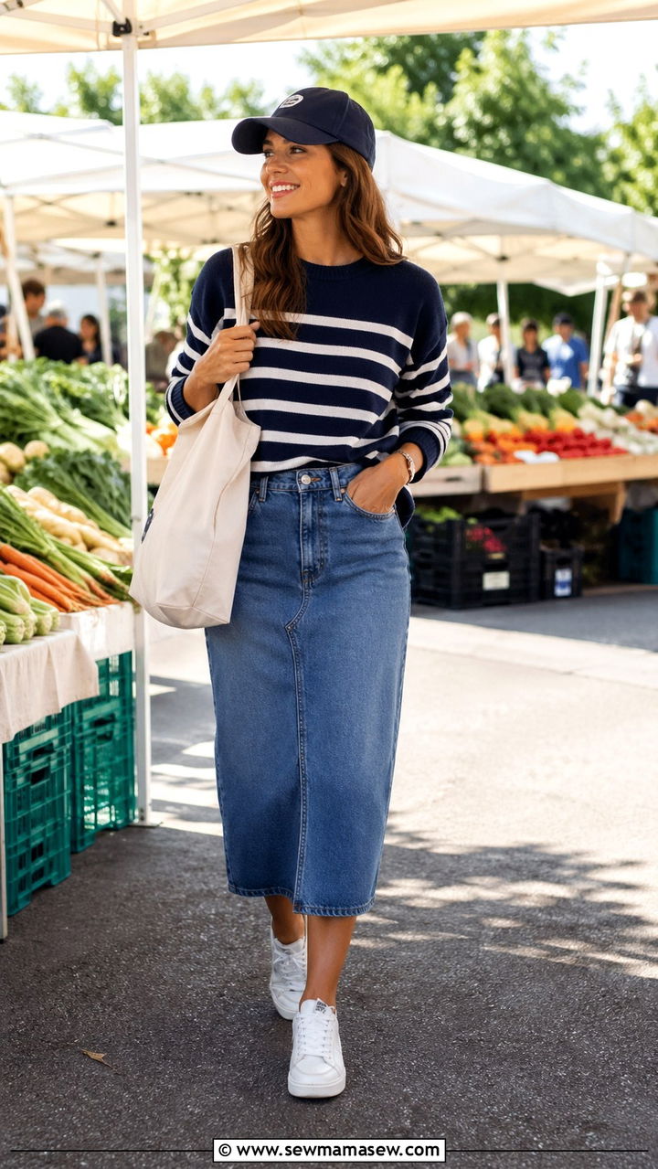 Denim Midi Skirt With Striped Sweater And White Sneakers - 30 spring denim skirt outfit ideas