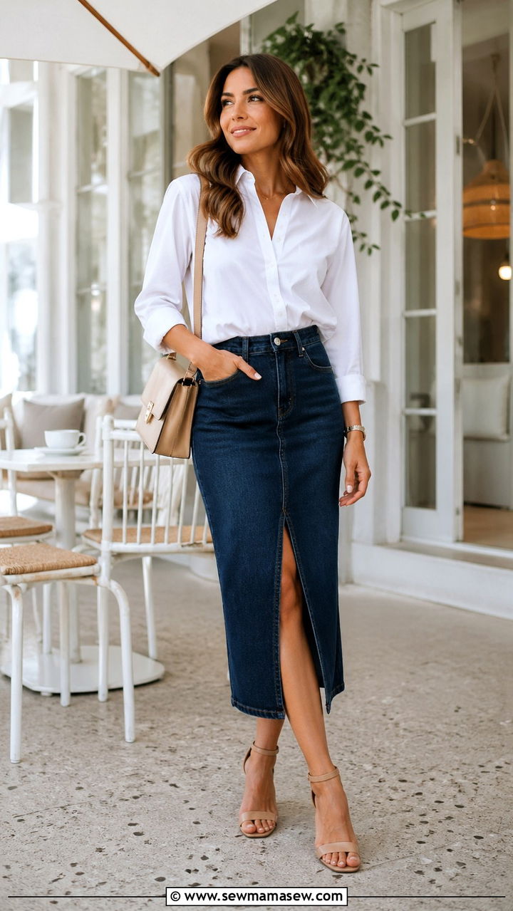 Denim Midi Skirt With White Button Down Shirt - 30 spring denim skirt outfit ideas