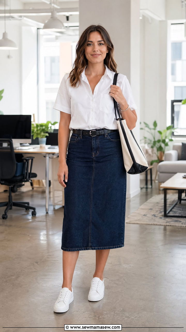 Denim Midi Skirt With White Button Up Top Summer Interview Outfit - 35 Summer job interview outfits
