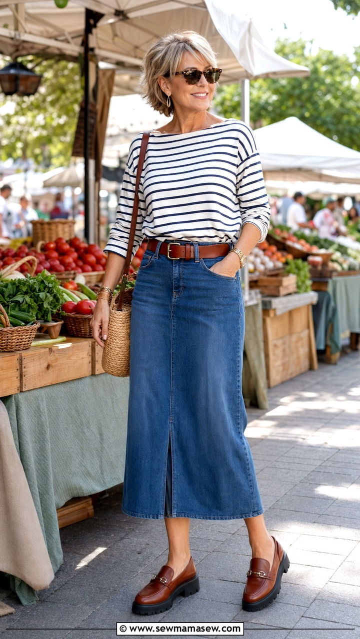 Denim Midi Skirt With Wide Belt And Loafers - 30 Best skirts for women over 50