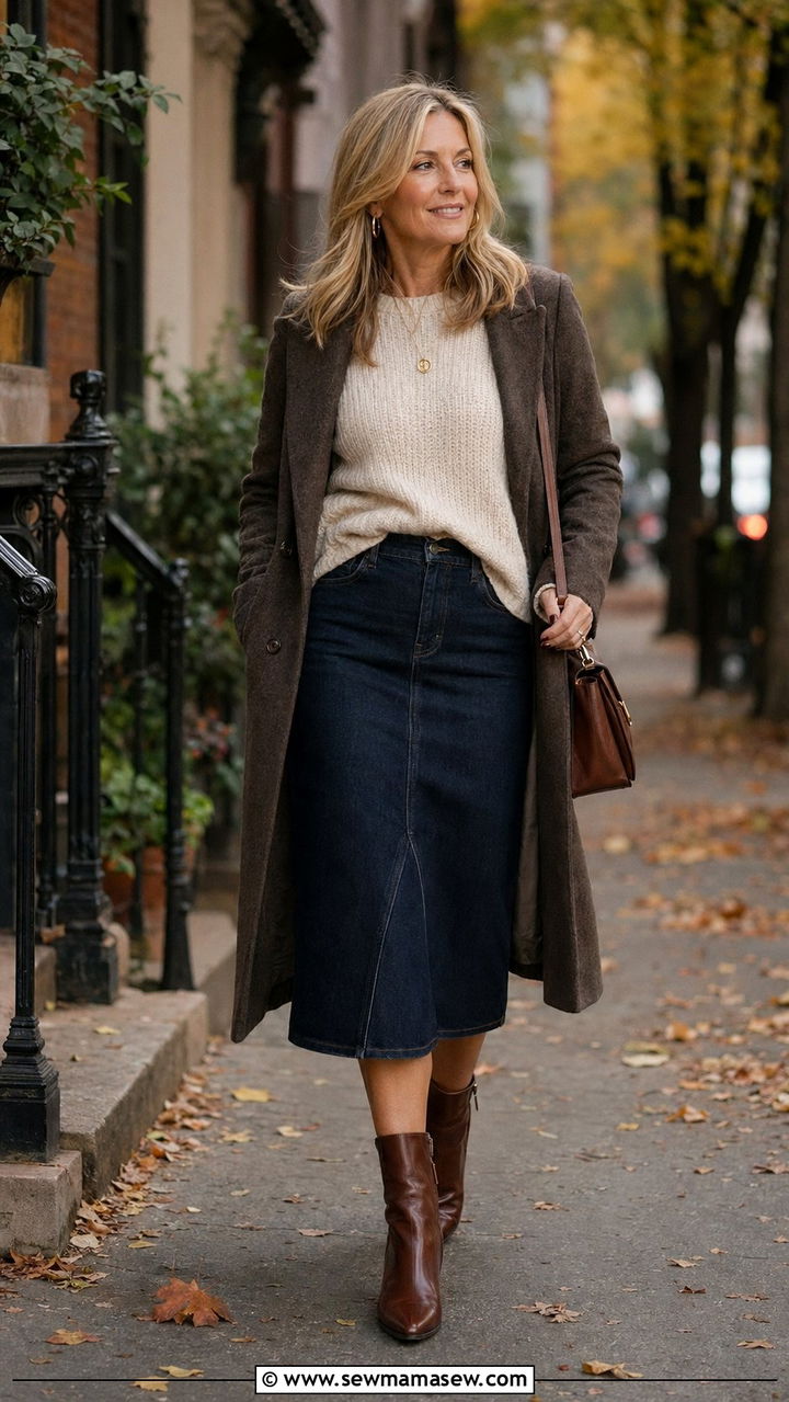 Denim Midi Skirt With a Chunky Knit - 30 Best skirts for women over 40