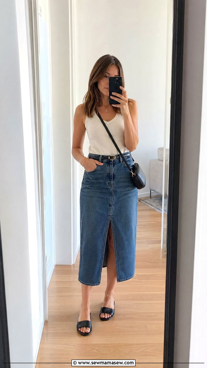Denim Midi Skirt and Knit Tank Scandi Summer Look - 35 summer scandinavian outfit ideas
