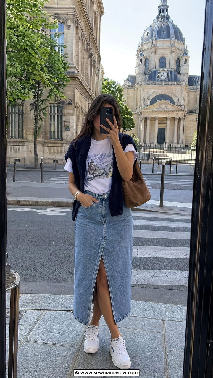 Denim Midi Skirt with Sneakers and Sweater Over Shoulders - 35 Spring Paris outfit ideas