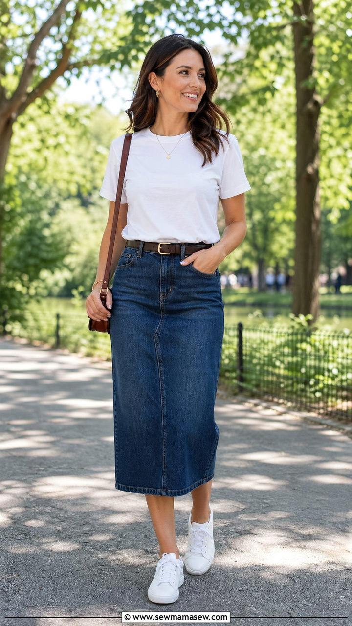 Denim Midi Skirt with White Tee and White Sneakers - 35 spring elegant outfit ideas