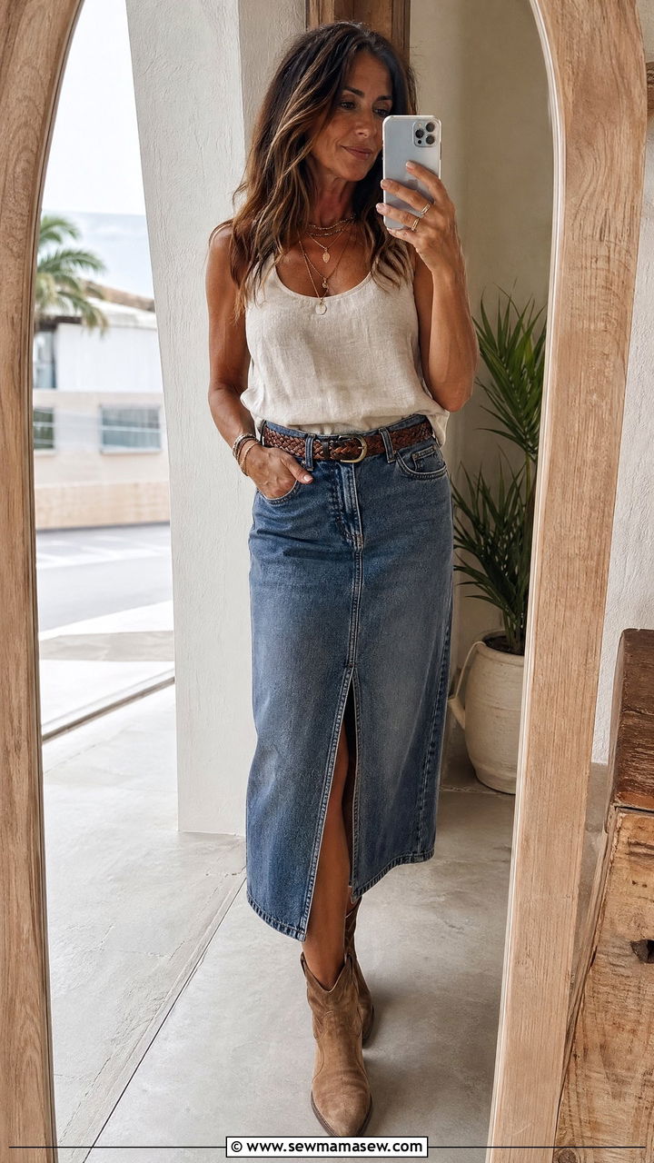 Denim Midi Skirt with a Linen Tank and Ankle Cowboy Boots - 35 coastal cowgirl outfit ideas for women over 40