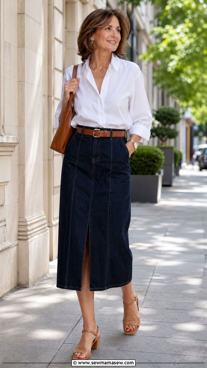Denim Midi Skirt with a White Poplin Shirt and Block Heels - 35 Classy outfits for mature women