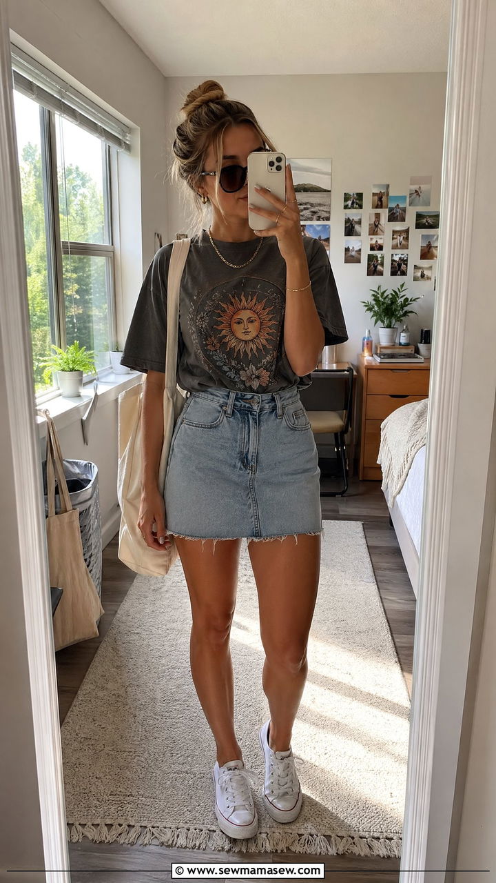 Denim Mini Skirt with Vintage Graphic Tee - 35 Summer outfits for college students