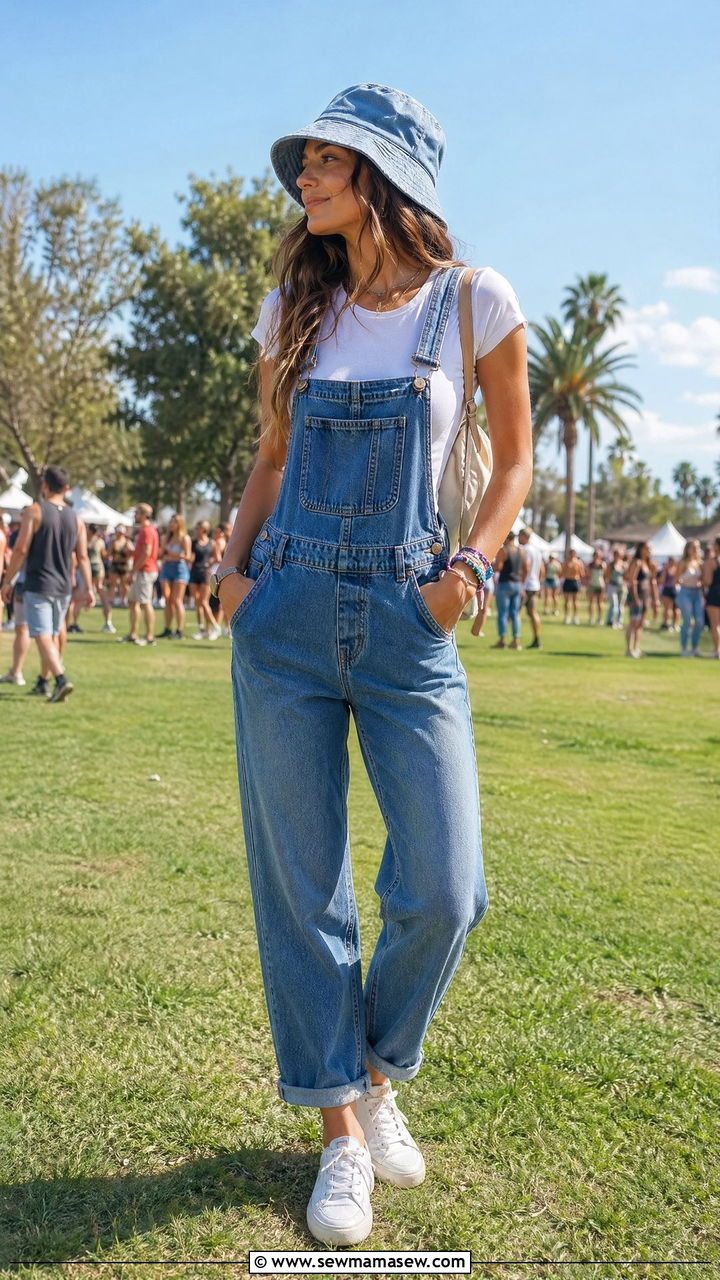 Denim Overalls And Fitted Tee Outfit - 35 spring festival outfit ideas