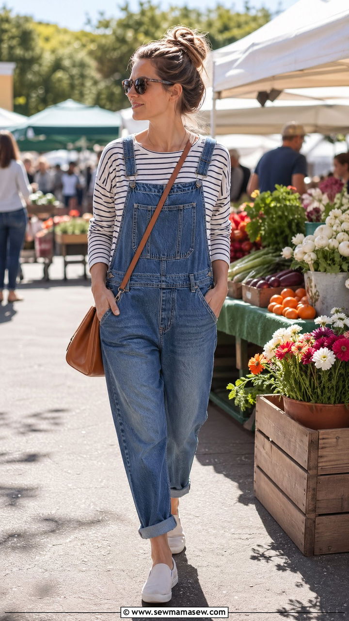 Denim Overalls And Striped Tee - 35 Summer outfits for stay at home moms