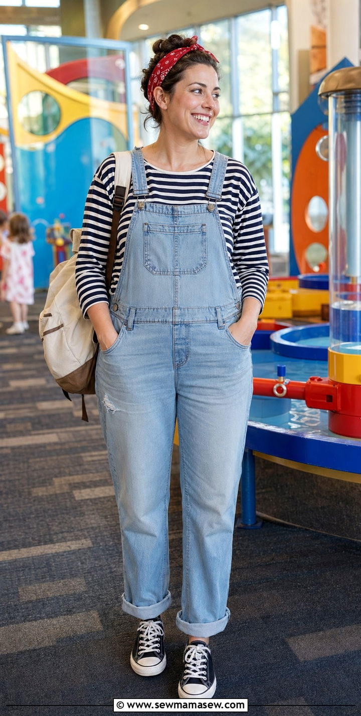 Denim Overalls With A Breton Top And Converse - 35 Mom style outfit ideas