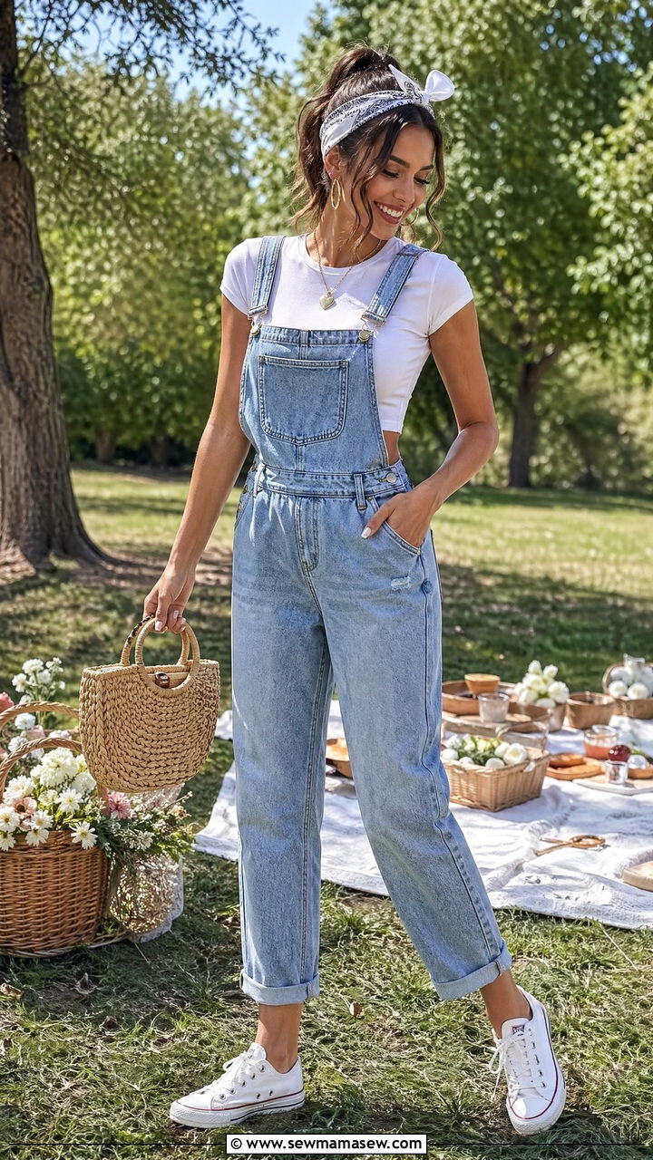 Denim Overalls With A Cropped Tee For Sisterhood Picnic - 35 Sorority outfit ideas