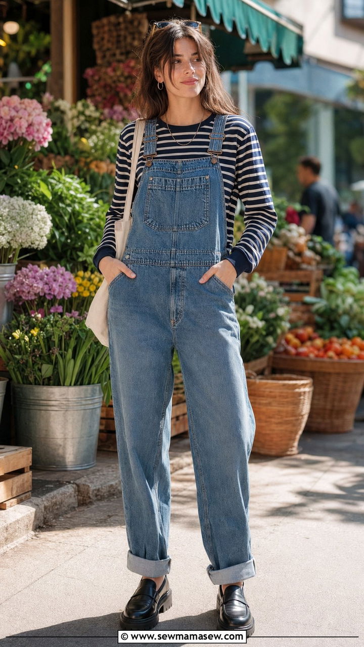 Denim Overalls With A Striped Long Sleeve Tee And Chunky Loafers - 30 90s spring outfits