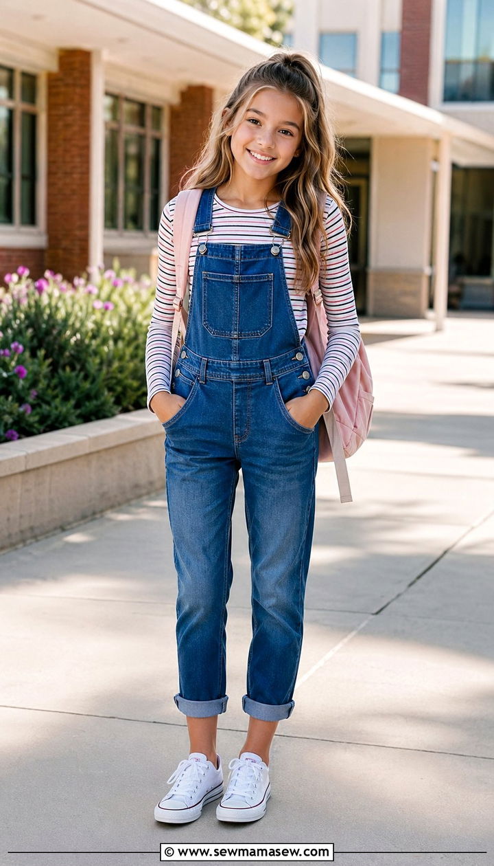 Denim Overalls With Fitted Long Sleeve Tee and Canvas Sneakers - 30 Back to school outfit ideas middle school 2026
