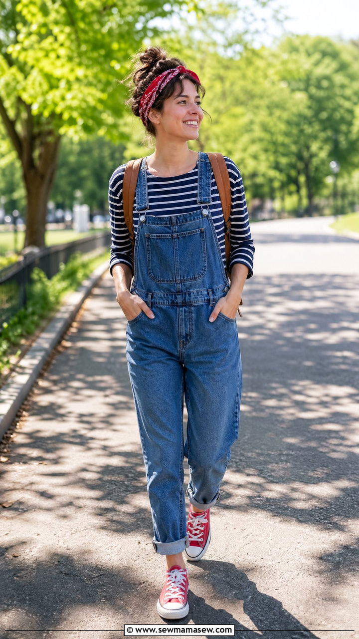 Denim Overalls With Striped Boatneck Tee Outfit - 35 summer labor day outfit ideas