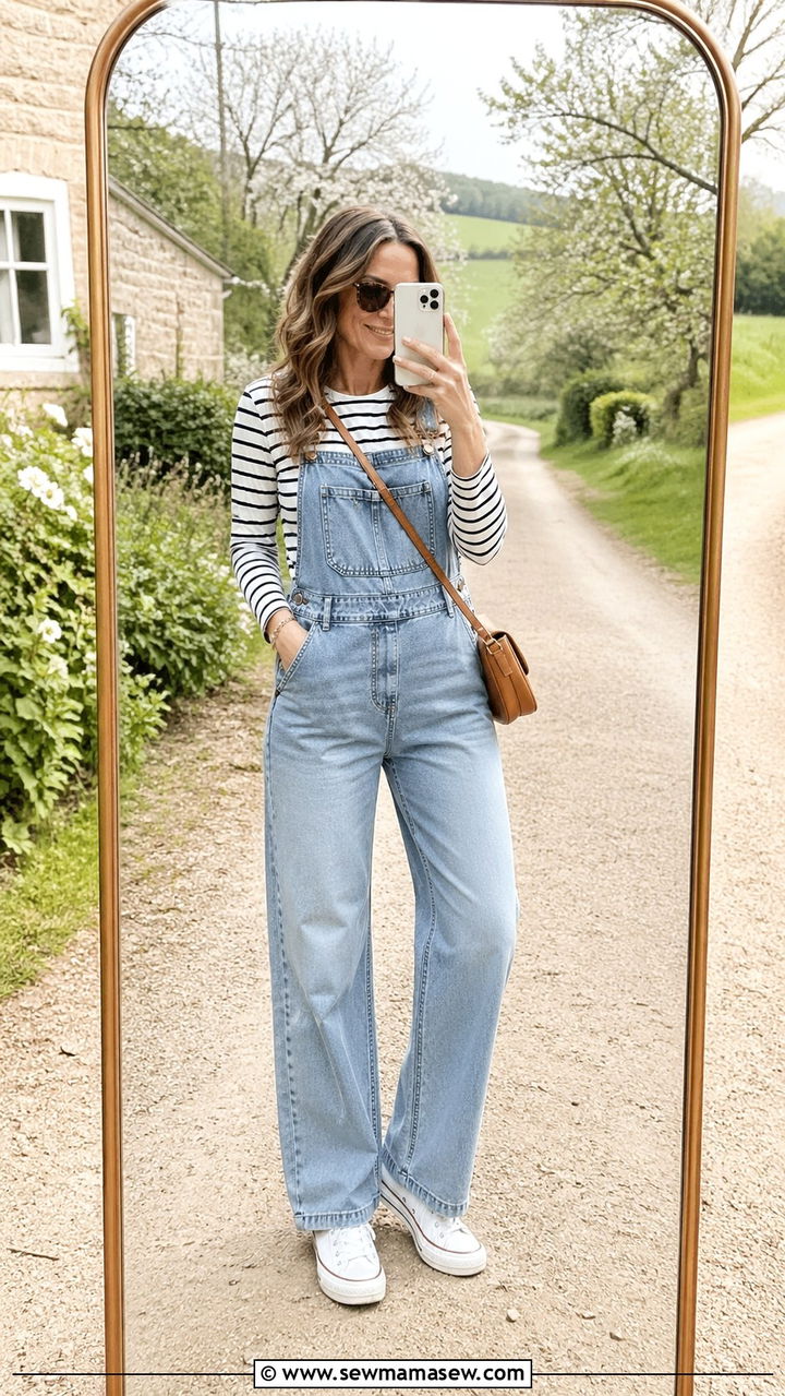 Denim Overalls With Striped Breton Top And White Canvas Sneakers - 30 Spring countryside outfits