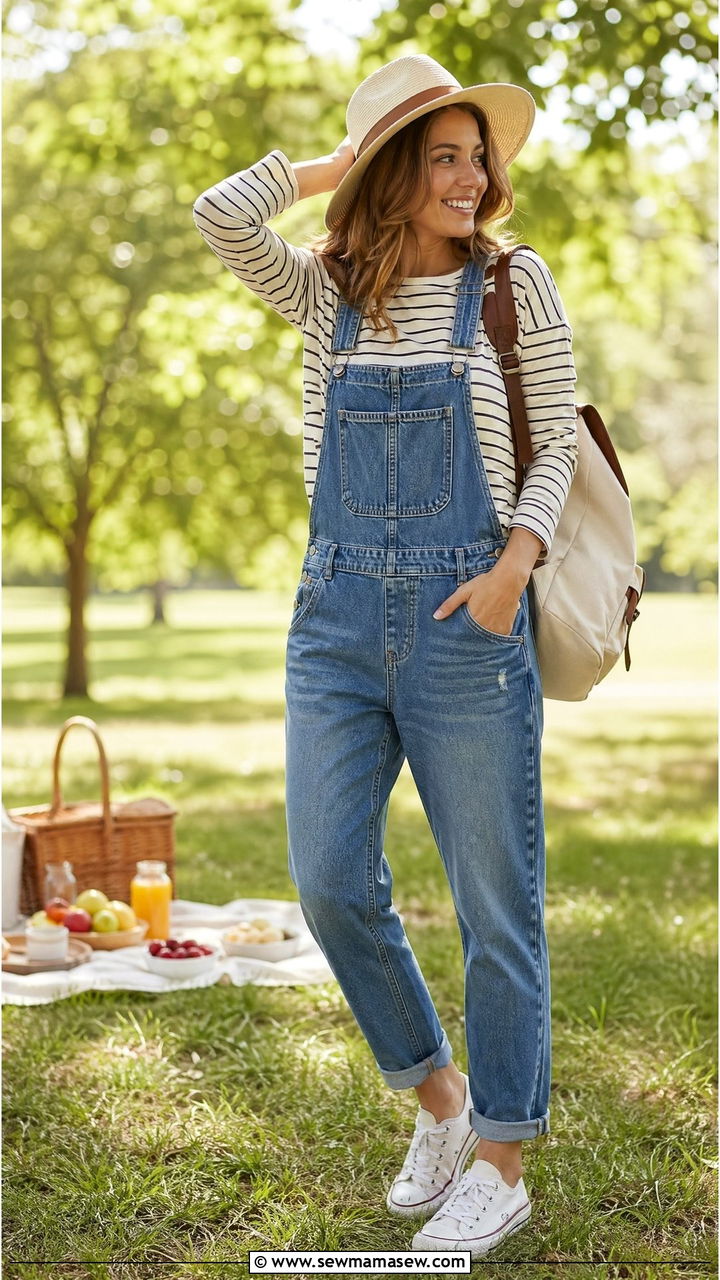 Denim Overalls With Striped Tee - 35 What to wear for a summer picnic