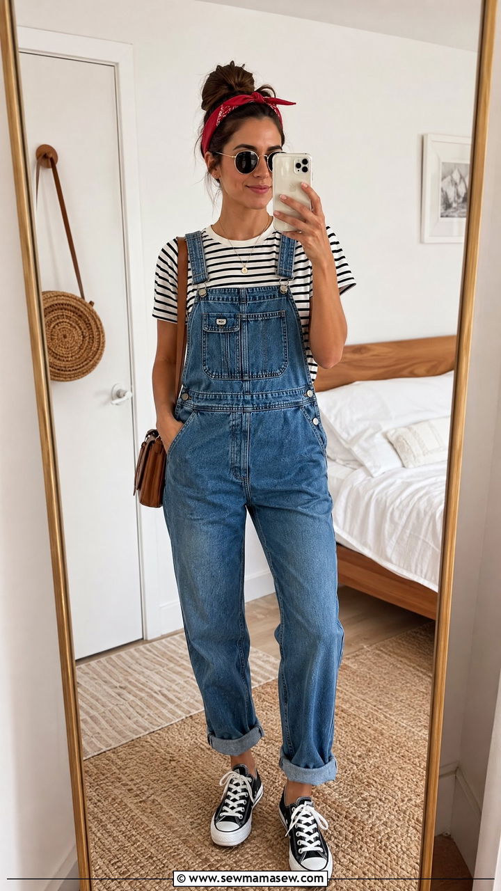 Denim Overalls With Striped Tee And Canvas Sneakers - 35 Universal Studios outfit ideas