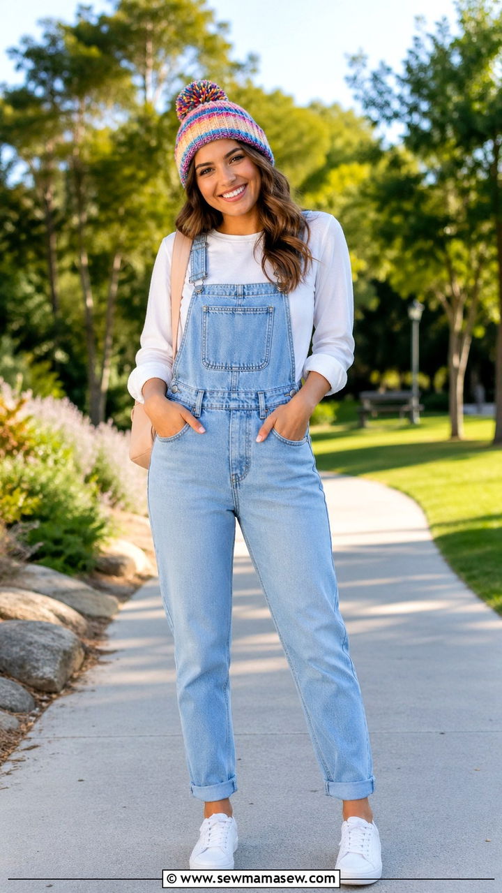 Denim Overalls With White Long Sleeve Tee School Outfit - 30 school outfits inspo