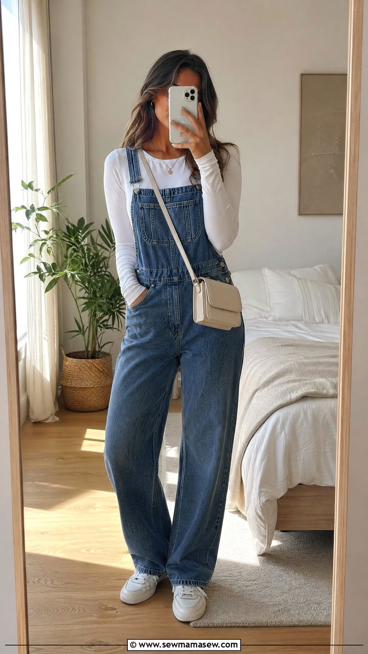 Denim Overalls With a Fitted Tee and Sneakers - 35 comfy outfit ideas for women